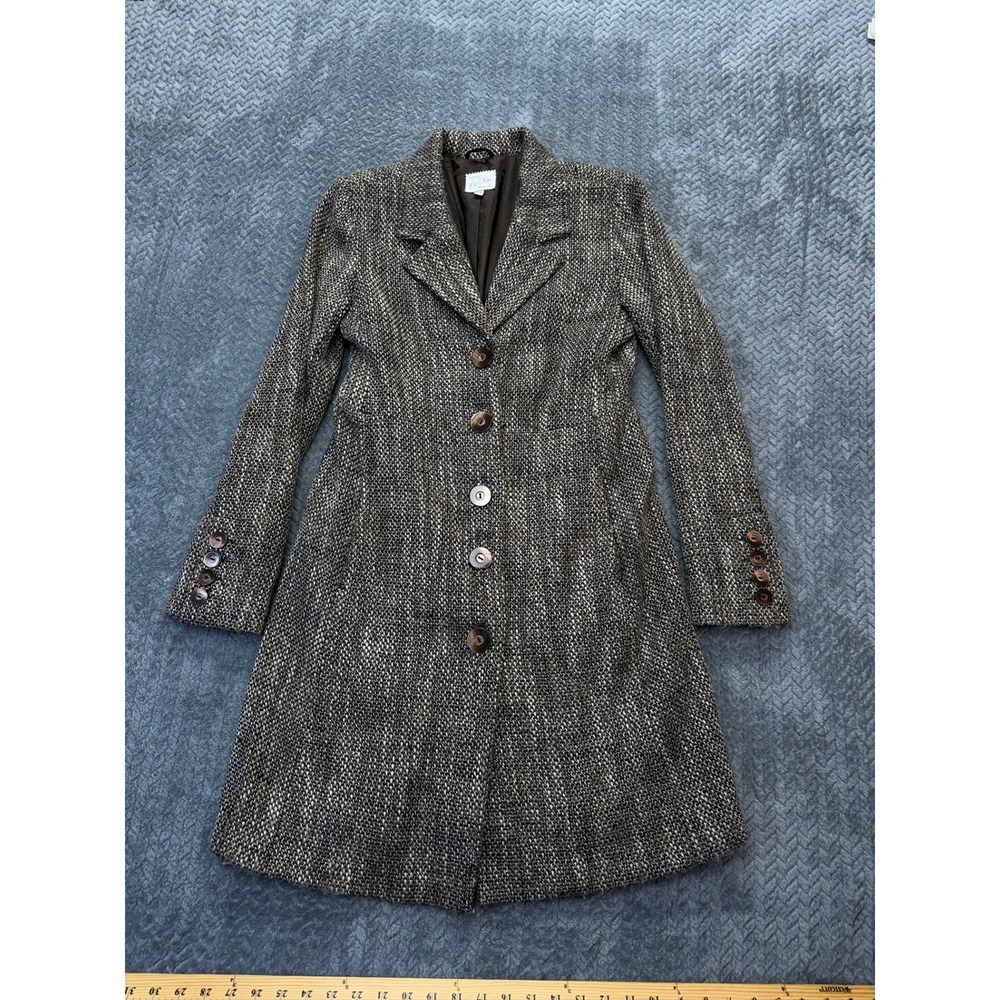 VTG Old Navy Tweed Long Coat Womens M‎ Brown Gray Wool Blend Button Front 2005